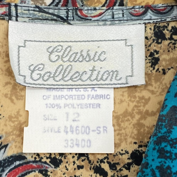 Classic Collection Womens Size 12 Vintage Button Up Blouse Teal Beige Red Print - Picture 6 of 9